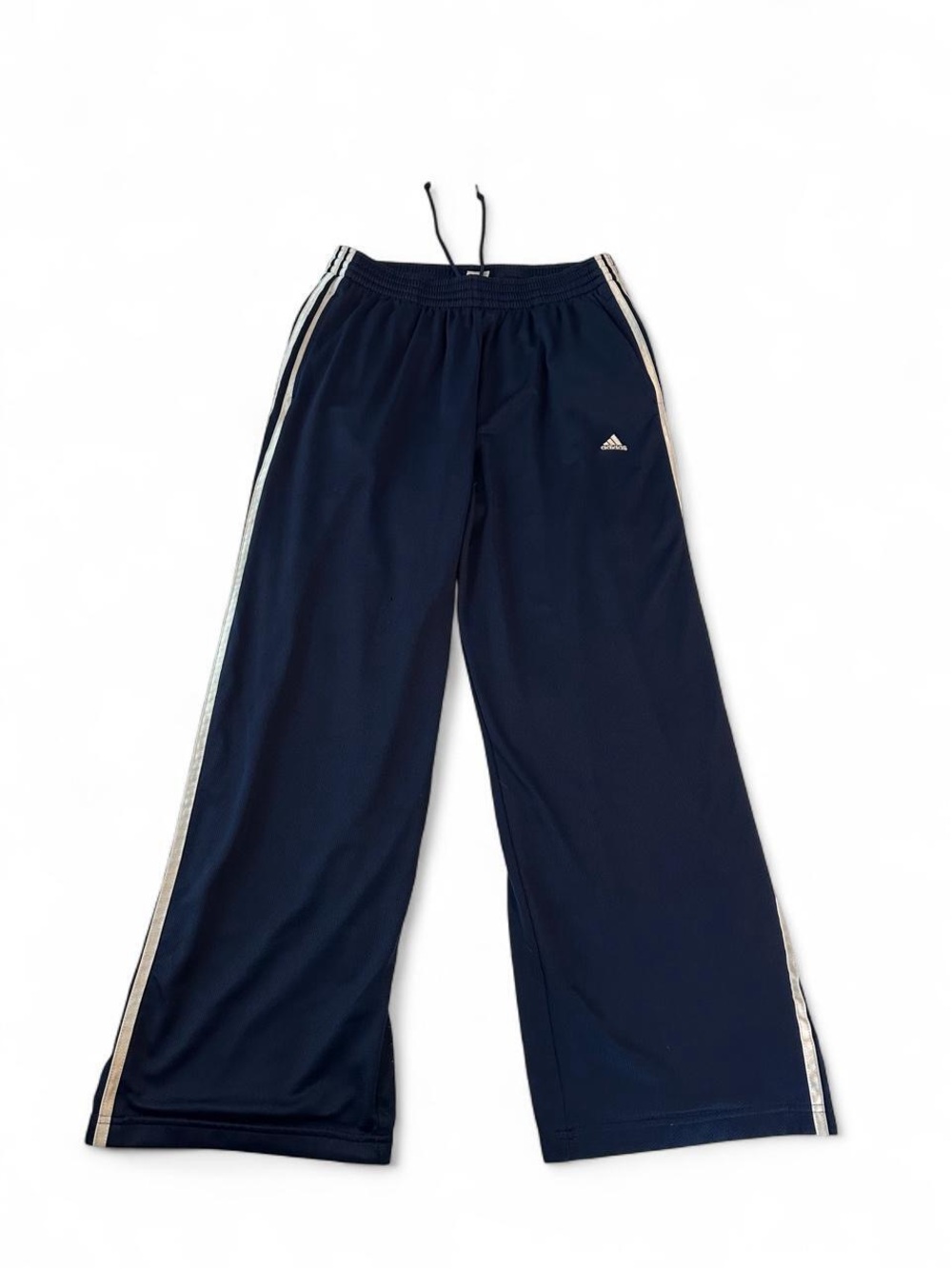 Adidas navy blue track pants with white stripes, size XL